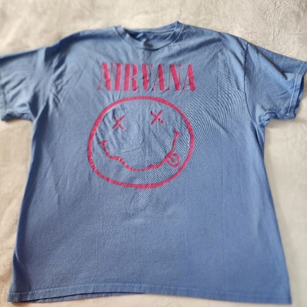 Nirvana Smiley Face Light Blue Tshirt With Graphics Size XL
